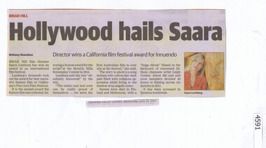 Newspaper Clipping, Diamond Valley Leader, Hollywood hails Saara, 21/06/2017