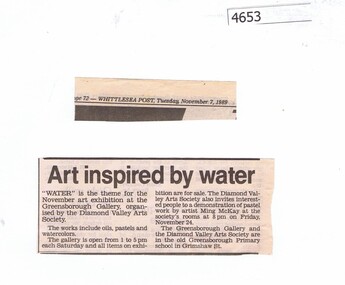 Newspaper Clipping, The Whittlesea Post, Art inspired by water, 07/11/1989