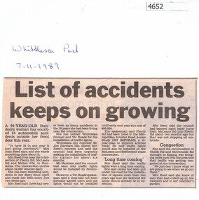 Newspaper Clipping, The Whittlesea Post, List of accidents keeps on growing, 07/11/1989