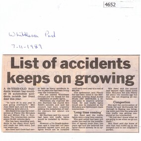 Newspaper Clipping, The Whittlesea Post, List of accidents keeps on growing, 07/11/1989