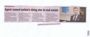 Newspaper Clipping, Diamond Valley Leader, Agent named nation's rising star in real estate, 02/08/2017