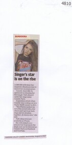 Newspaper Clipping, Diamond Valley Leader, Singer's star is on the rise, 09/08/2017