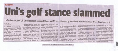 Newspaper Clipping, Diamond Valley Leader, Uni's golf stance slammed, 16/08/2017