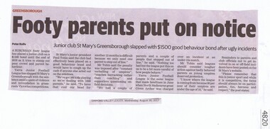 Newspaper Clipping, Diamond Valley Leader, Footy parents put on notice, 30/08/2017