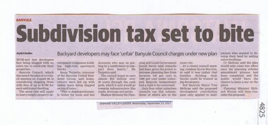 Newspaper Clipping, Subdivision tax set to bite, 13/09/2017