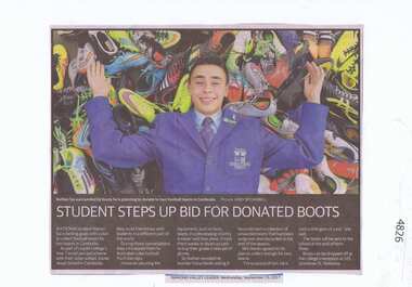 Newspaper Clipping, Diamond Valley Leader, Student steps up bid for donated boots [Wa1810], 13/09/2017