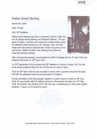 Article, Greensborough Historical Society et al, Walter David Starling, 1914-1918