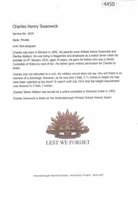 Article, Greensborough Historical Society et al, Charles Henry Swanwick, 1914-1918