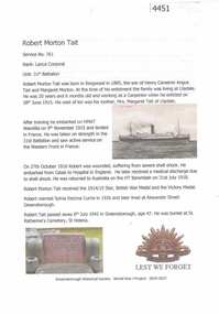 Article, Greensborough Historical Society et al, Robert Morton Tait, 1914-1918