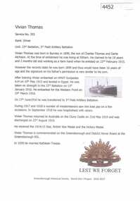 Article, Greensborough Historical Society et al, Vivian Thomas, 1914-1918
