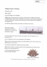 Article, Greensborough Historical Society et al, William Henry Thomas, 1914-1918
