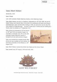 Article, Greensborough Historical Society et al, Isaac Albert Watson, 1914-1918