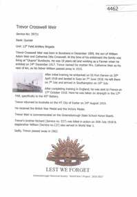 Article, Greensborough Historical Society et al, Trevor Crosswell Weir, 1914-1918
