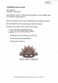 Article, Greensborough Historical Society et al, Elise Erica Janet Gundersen, 1914-1918