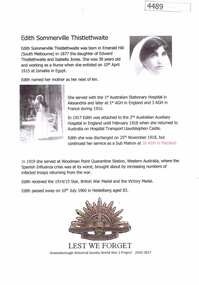 Article, Greensborough Historical Society et al, Edith Sommerville Thistlethwaite, 1914-1918