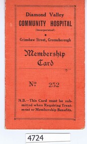 Membership card, Diamond Valley Community Hospital, Diamond Valley Community Hospital Membership Card, 16/06/1942