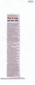 Newspaper Clipping, Diamond Valley Leader, Plea to help out war vets, 27/09/2017