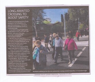 Newspaper Clipping, Diamond Valley Leader, Long awaited crossing to boost safety, 27/09/2017