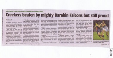 Newspaper Clipping, Diamond Valley Leader, Creekers beaten by mighty Darebin Falcons but still proud, 27/09/2017