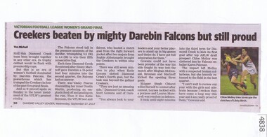 Newspaper Clipping, Diamond Valley Leader, Creekers beaten by mighty Darebin Falcons but still proud, 27/09/2017