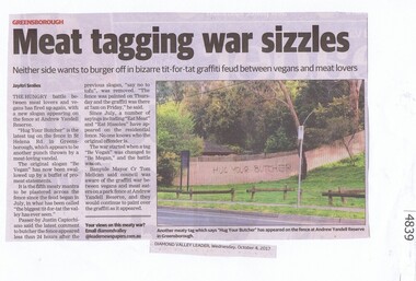 Newspaper Clipping, Diamond Valley Leader, Meat tagging war sizzles, 04/10/2017