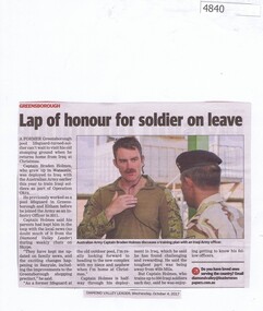 Newspaper Clipping, Diamond Valley Leader, Lap of honour for soldier on leave, 04/10/2017