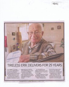 Newspaper Clipping, Diamond Valley Leader, Tireless Erik delivers for 25 years, 04/10/2017