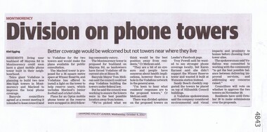 Newspaper Clipping, Diamond Valley Leader, Division on phone towers, 04/10/2017
