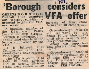 Newspaper Clipping, Diamond Valley Leader, 'Borough considers VFA offer, 1981_