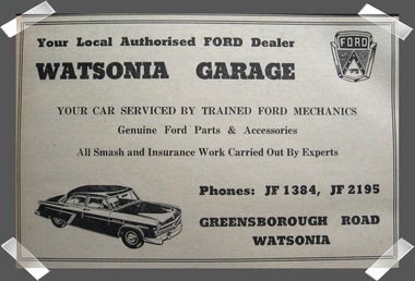 Advertisement - Digital image, Watsonia Garage, 1960s