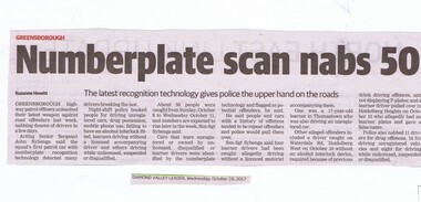 Newspaper Clipping, Diamond Valley Leader, Number plate scan nabs 50, 18/10/2017