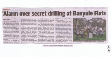Newspaper Clipping, Diamond Valley Leader, Alarm over secret drilling at Banyule Flats, 18/10/2017