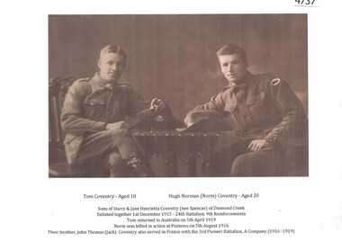 Photograph - Digital image, Tom and Hugh (Norm) Coventry, 1915, 1915_