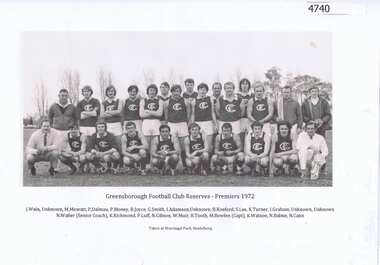 Photograph - Digital image, Greensborough Football Club Reserves, Premiers 1972, 1972_