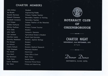 Program - Digital image, Rotoract Club of Greensborough, Rotoract Club of Greensborough. Charter night 1970, 23/09/1970