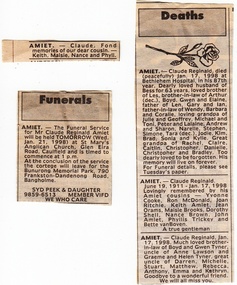 Newspaper Clipping - Digital Image, Cherel Sartori, Funeral notices for Claude Amiet 1998, 20/01/1998