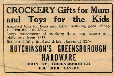 Advertisement - Digital image, Diamond Valley Local, Hutchinson's Greensborough Hardware, 15/12/1954