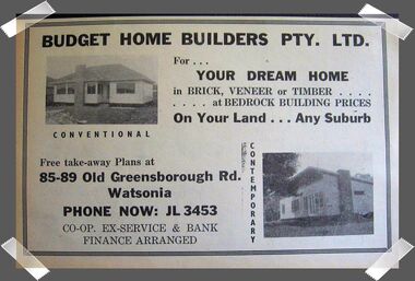 Advertisement - Digital image, Diamond Valley Local, Budget Home Builders Montmorency, 15/12/1954