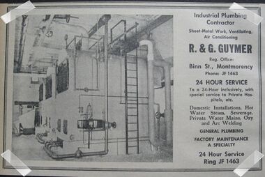 Advertisement - Digital image, Guymer Plumbers Montmorency, 15/12/1954