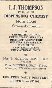 Advertisement - Digital image, Thompson Chemist Greensborough, 1950s