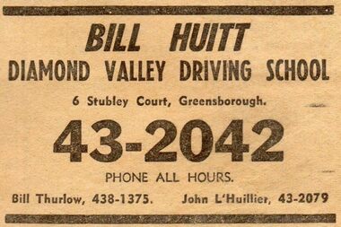 Advertisement - Digital image, Diamond Valley News, Bill Huitt, Diamond Valley Driving School 1967, 21/11/1967