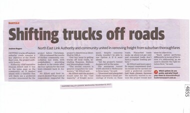 Newspaper Clipping, Diamond Valley Leader, Shifting trucks off roads, 08/11/2017