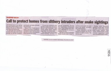 Newspaper Clipping, Diamond Valley Leader, Call to protect homes from slithery intruders after snake sightings, 15/11/2017