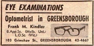 Advertisement - Digital image, Diamond Valley News, Frank M. Kindler [Optometrist] 1967, 21/11/1967