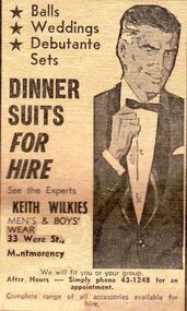 Advertisement - Digital image, Diamond Valley News, Keith Wilkies Suit Hire 1967, 21/11/1967