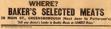 Advertisement - Digital image, Diamond Valley News, Baker's Selected Meats, 1967, 28/11/1967