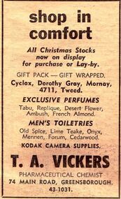Advertisement - Digital image, Diamond Valley News, T.A.Vickers, Pharmaceutical Chemist, Greensborough 1967, 28/11/1967