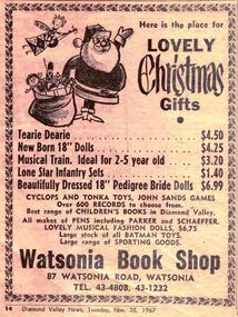 Advertisement - Digital image, Diamond Valley News, Watsonia Book Shop, 1967, 28/11/1967