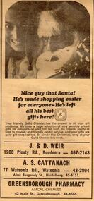 Advertisement - Digital image, Diamond Valley News, Greensborough Pharmacy, 1967, 28/11/1967
