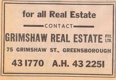 Advertisement - Digital image, Diamond Valley News, Grimshaw Real Estate, 1964, 29/09/1964